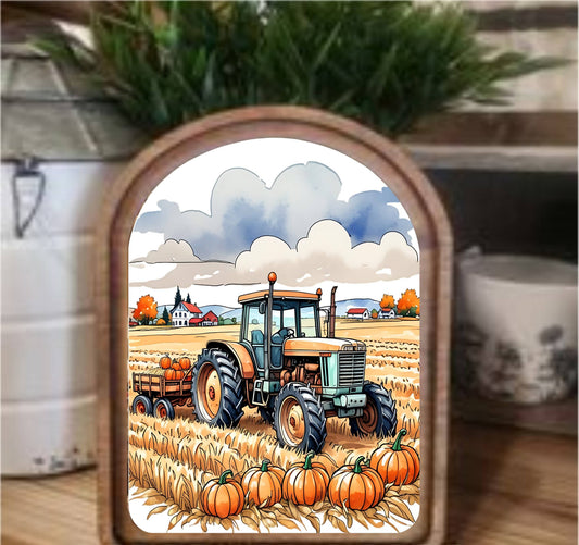 Pumpkin Tractor Framed Art Arch Top, Feathered Farmhouse