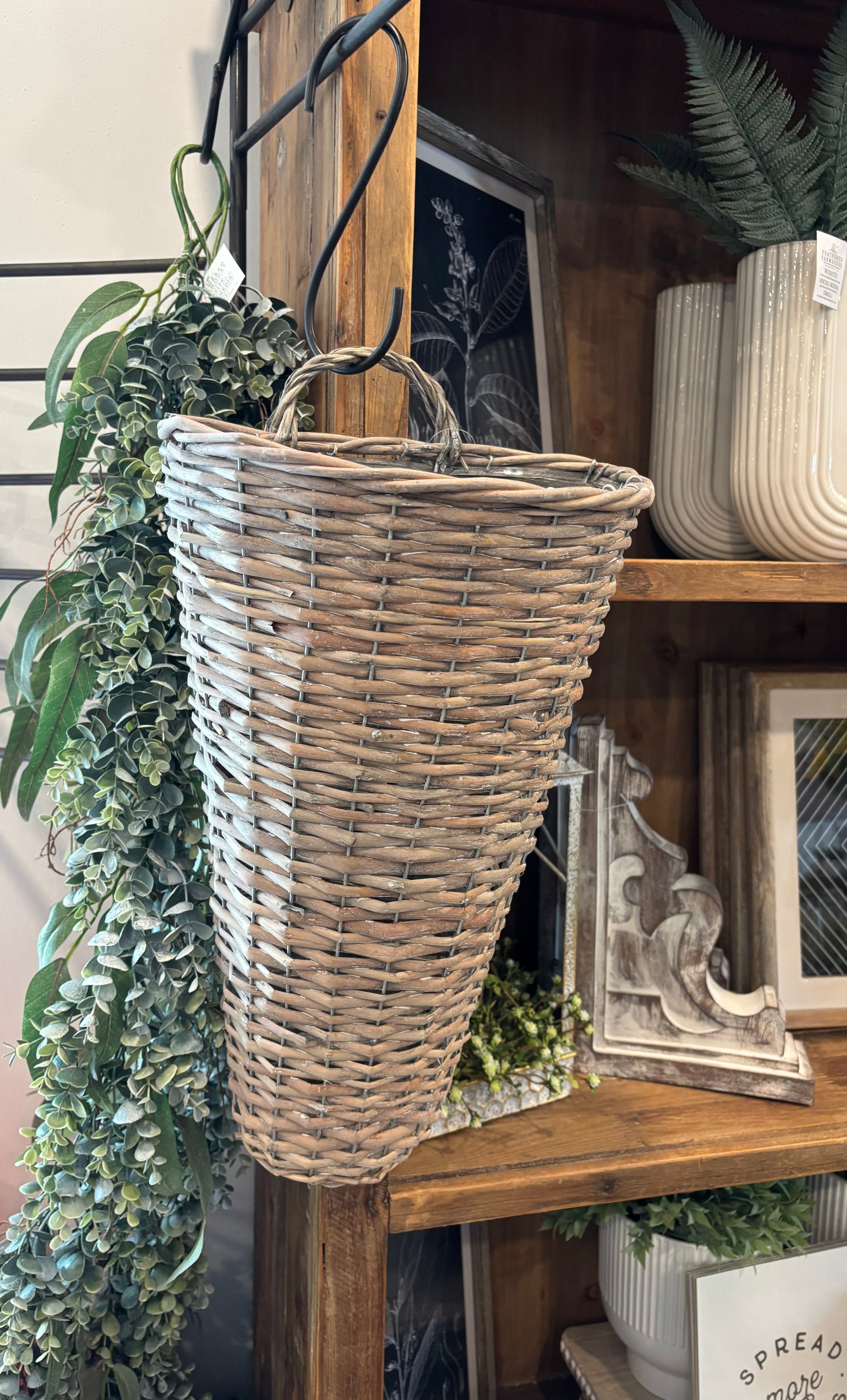 Tapered Willow Hanging Basket, Feathered Farmhouse