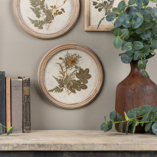Pressed Tan Flower in Round Frame, Feathered Farmhouse