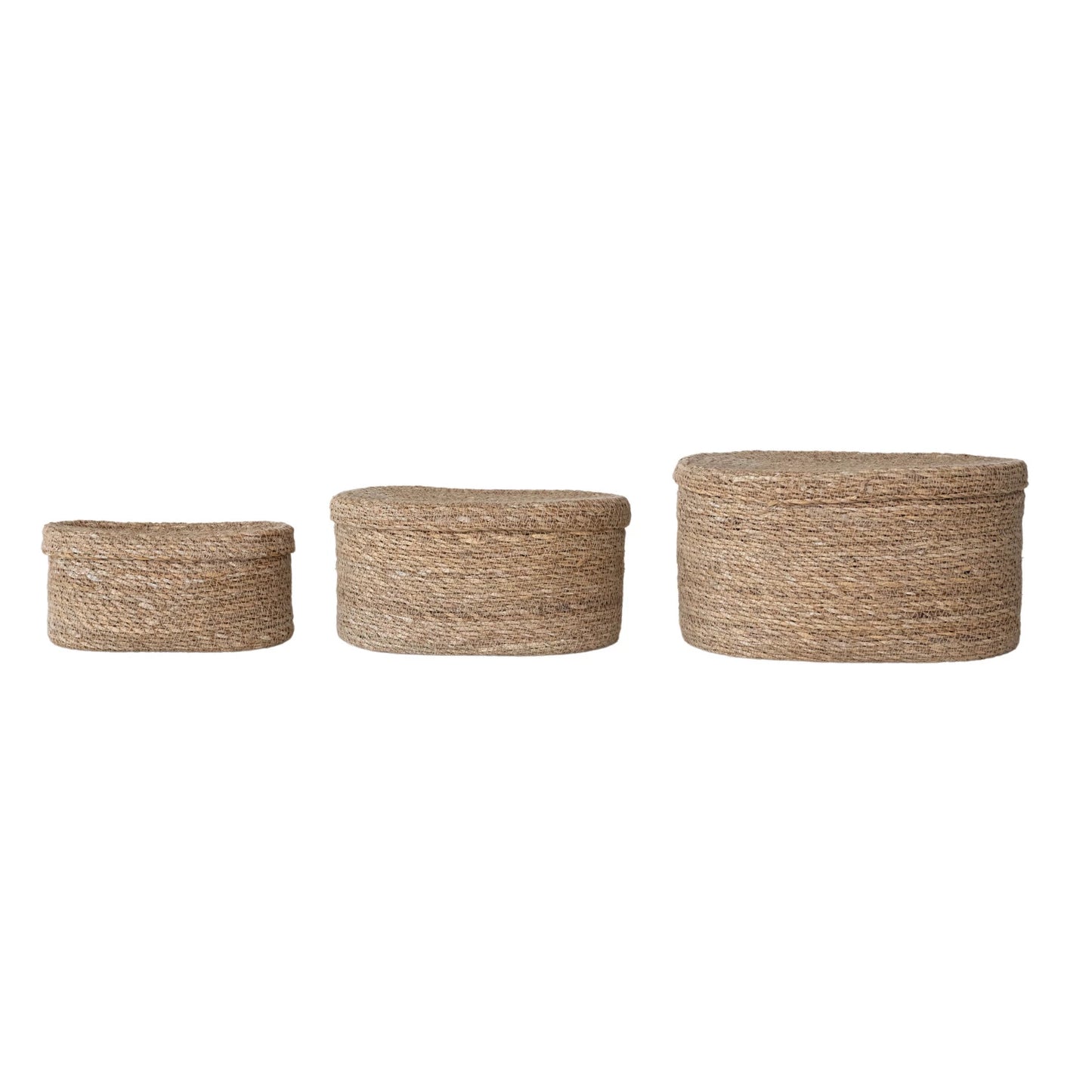 Oval Hand-Woven Seagrass Baskets with Lids, Feathered Farmhouse