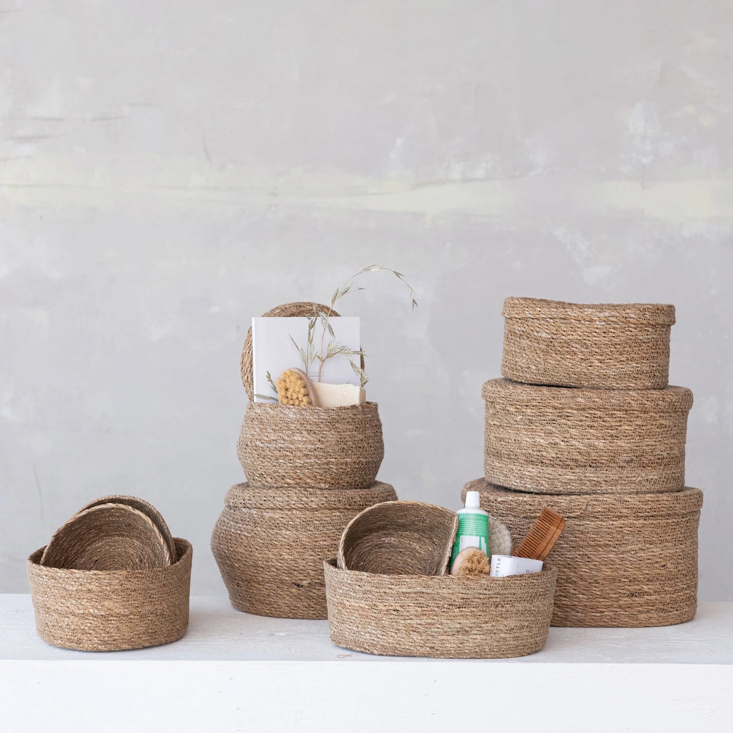 Oval Hand-Woven Seagrass Baskets with Lids, Feathered Farmhouse