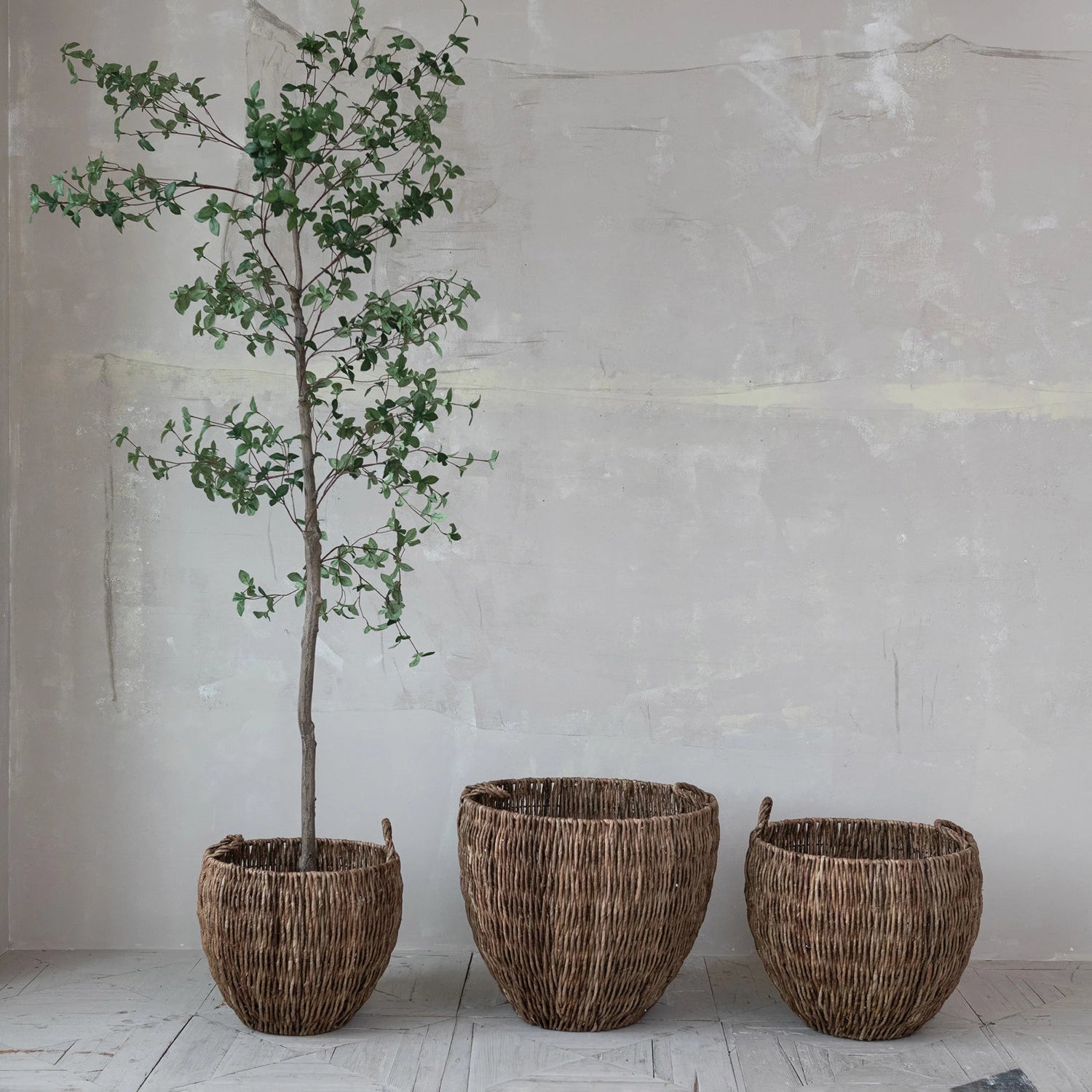 Woven Banana Leaf Baskets with Handles, Feathered Farmhouse