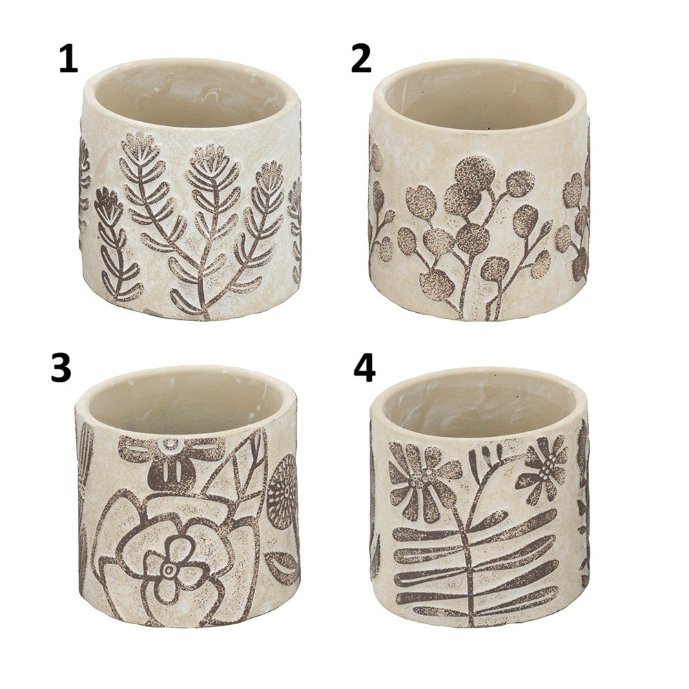 Gray Sand and Cement Planter with Brown Botanical Motif, Feathered Farmhouse
