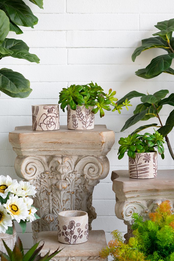 Gray Sand and Cement Planter with Brown Botanical Motif, Feathered Farmhouse