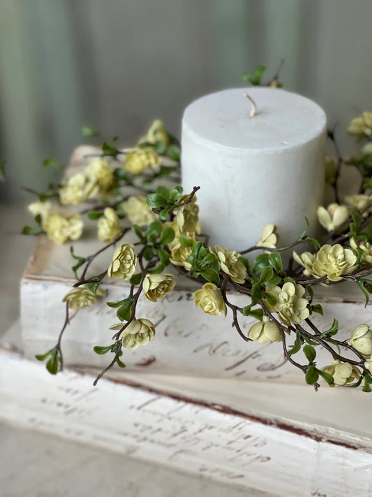 Cream Quince Blooms Candle Ring, Feathered Farmhouse