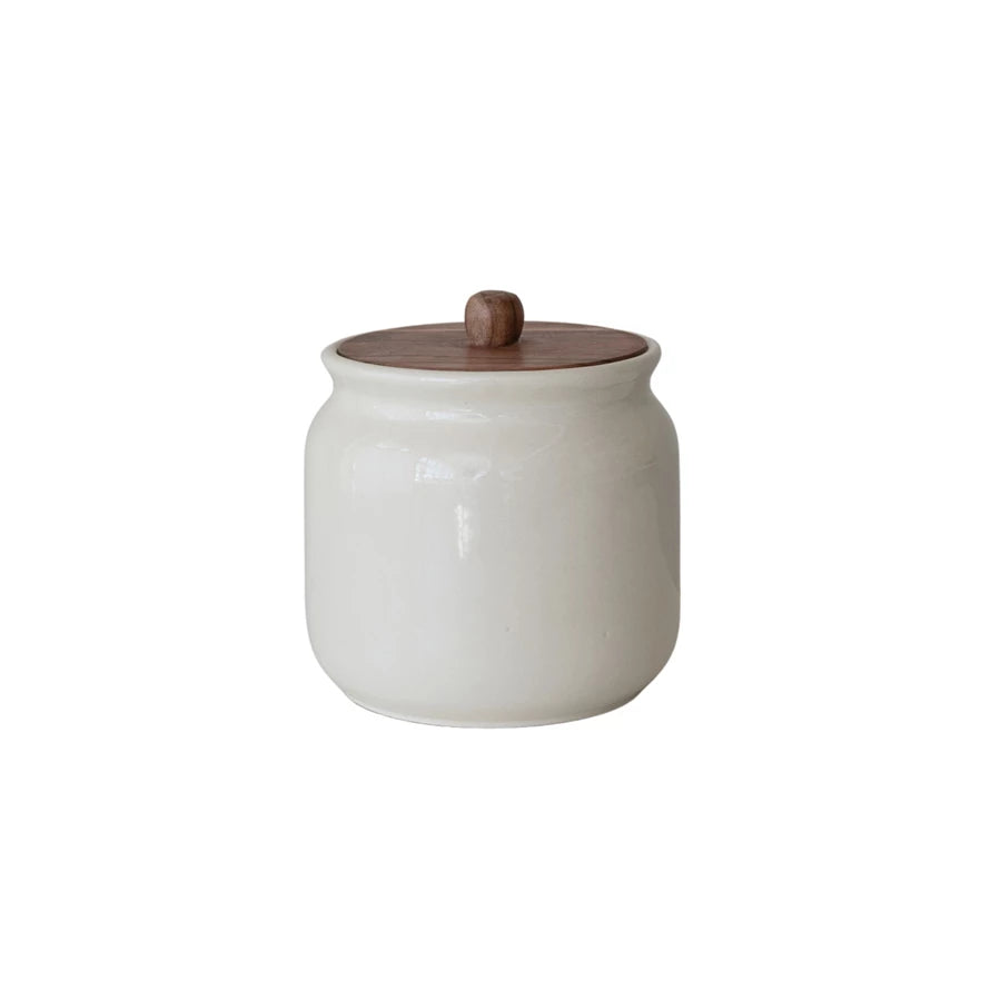 Stoneware Canister with Acacia Wood Lid, Feathered Farmhouse