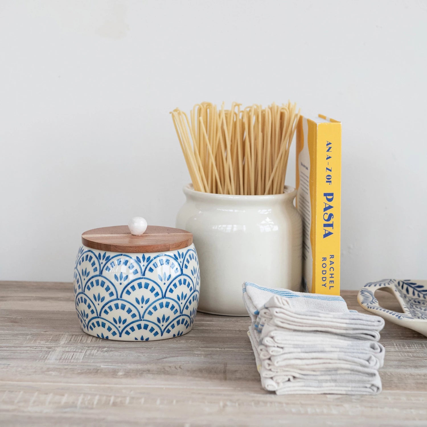 Stoneware Canister with Acacia Wood Lid, Feathered Farmhouse