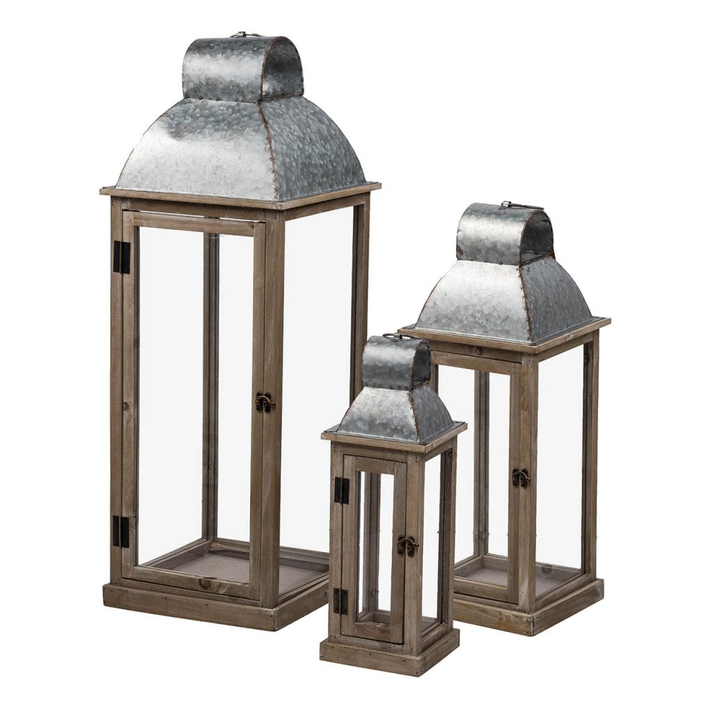 Silver and Natural Wood Lanterns, Feathered Farmhouse