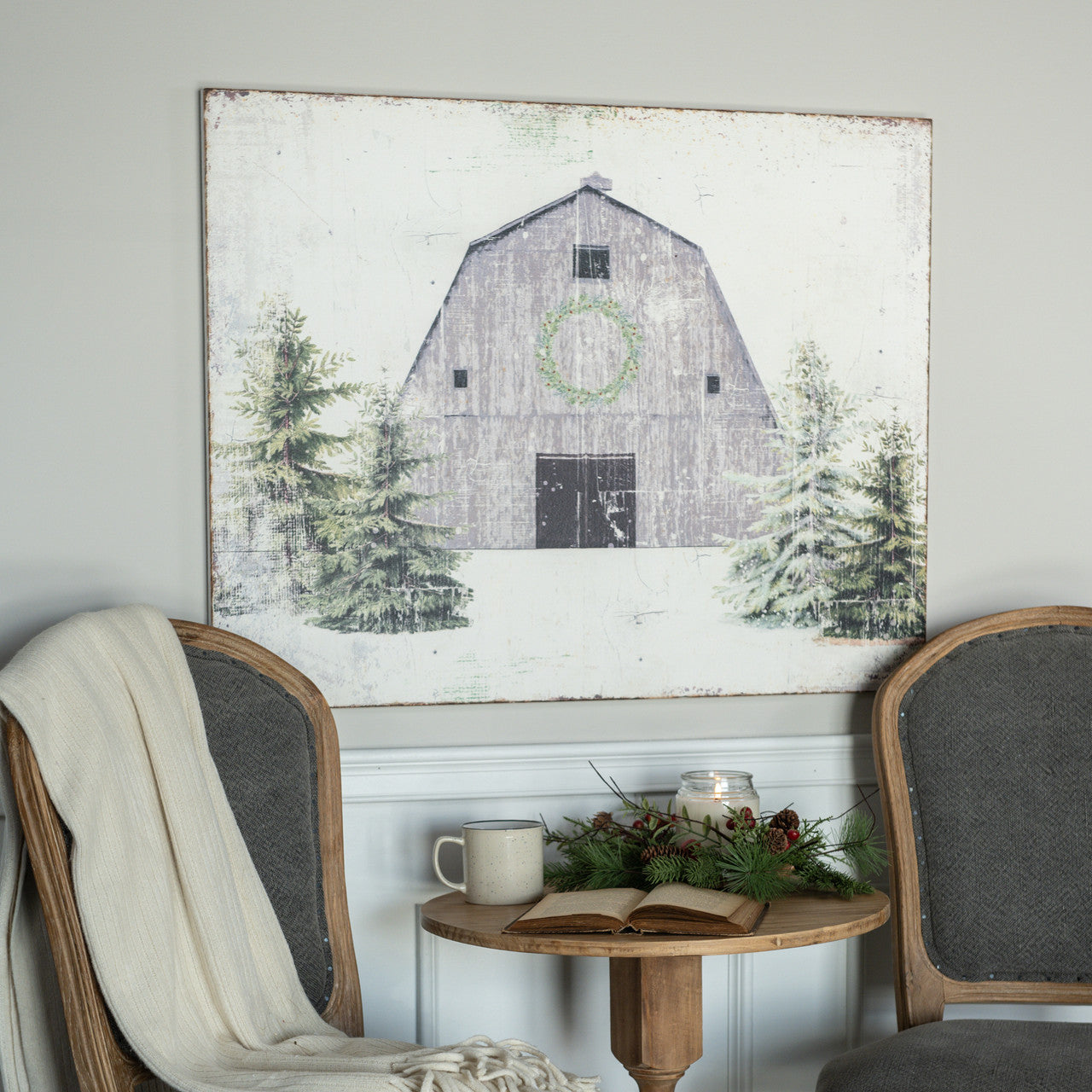 Winter Barn Scene, Feathered Farmhouse