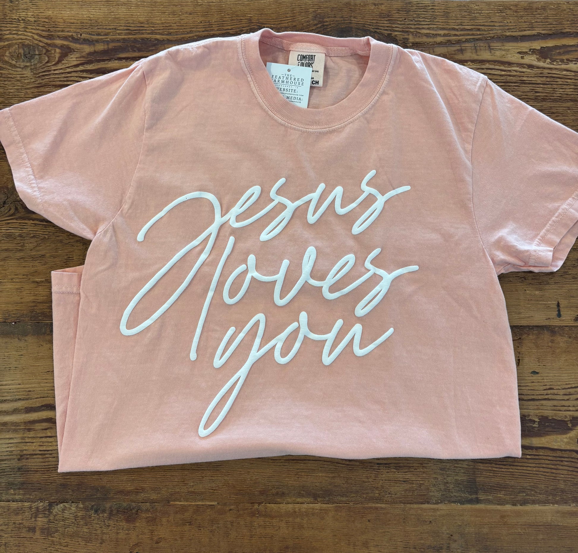 Jesus Loves You Script Puff Print Tee, Feathered Farmhouse