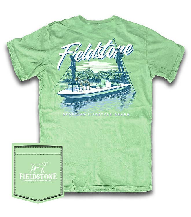 Green t-shirt with a graphic of people on a boat and 'Fieldstone' branding.