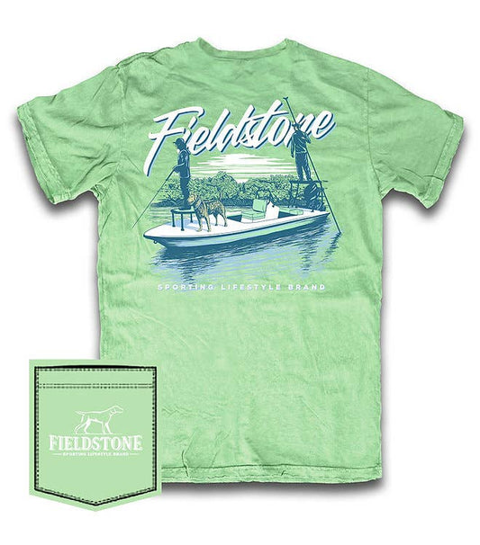 Green t-shirt with a graphic of people on a boat and 'Fieldstone' branding.