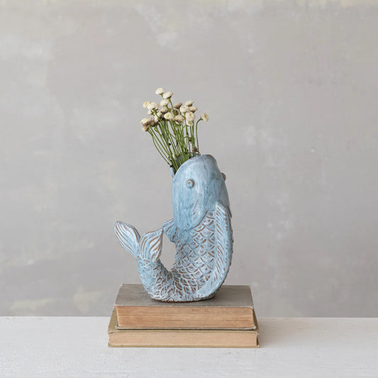 Stoneware Fish Shaped Vase, Feathered Farmhouse