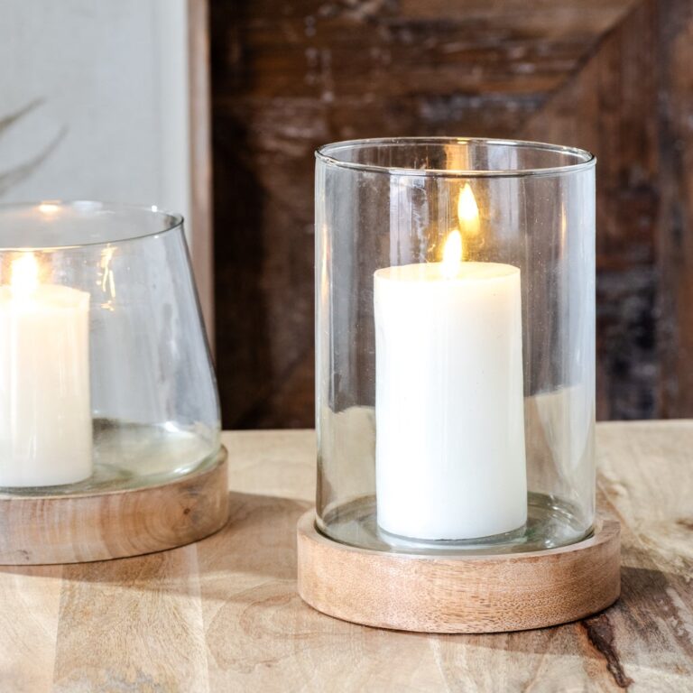 Glass Cylinder with Wood Base, Feathered Farmhouse