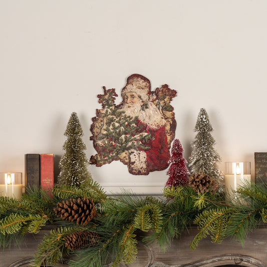 Santa with Tree Metal Plaque, Feathered Farmhouse