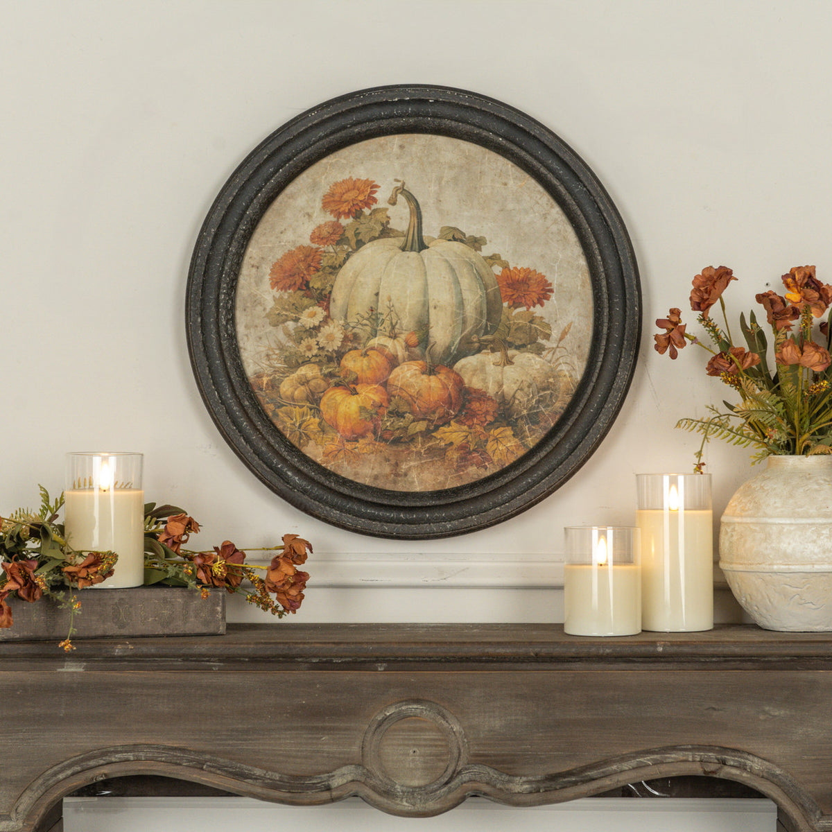 Round Framed Pumpkin Patch Art, Feathered Farmhouse