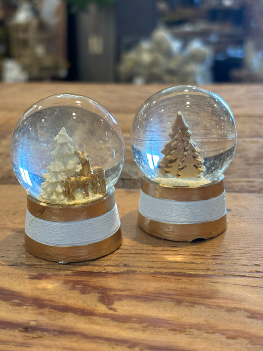 Gold Base Mini Deer + Tree Snowglobes, Feathered Farmhouse