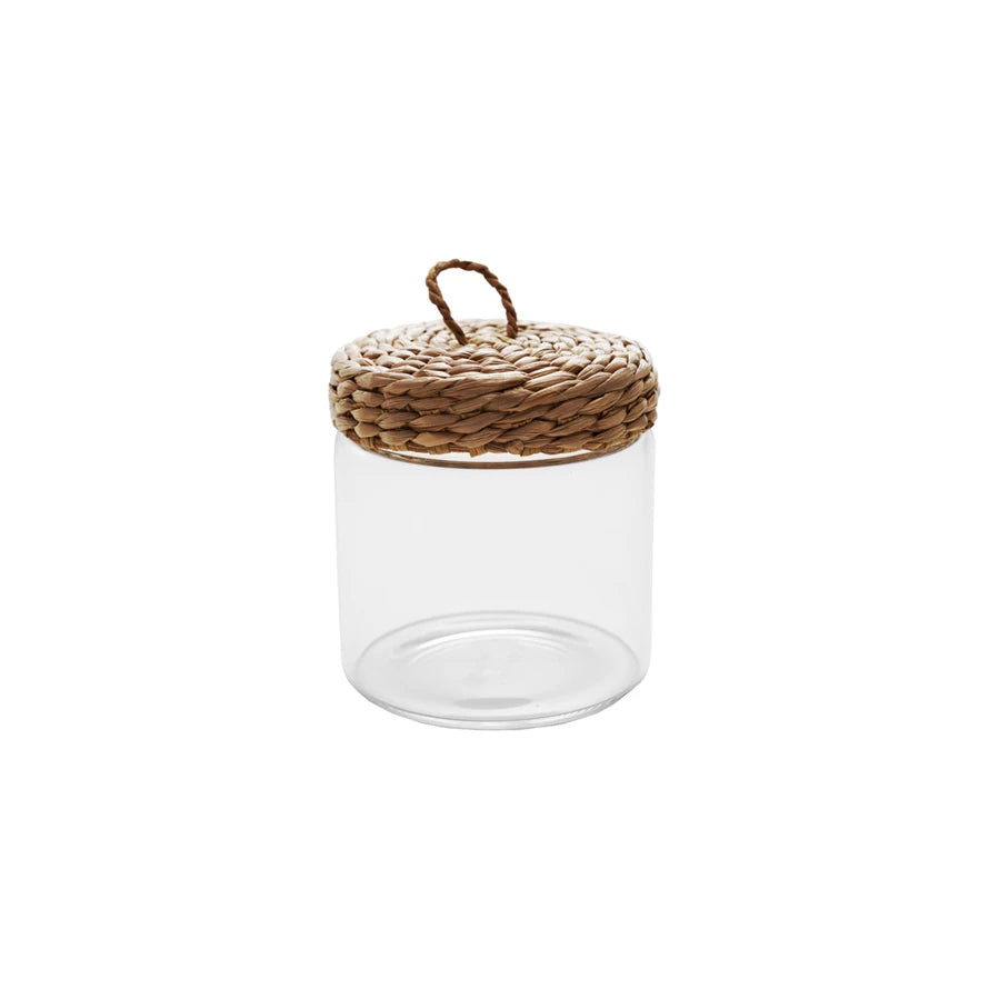 Glass Jar with Woven Grass Lid, Feathered Farmhouse