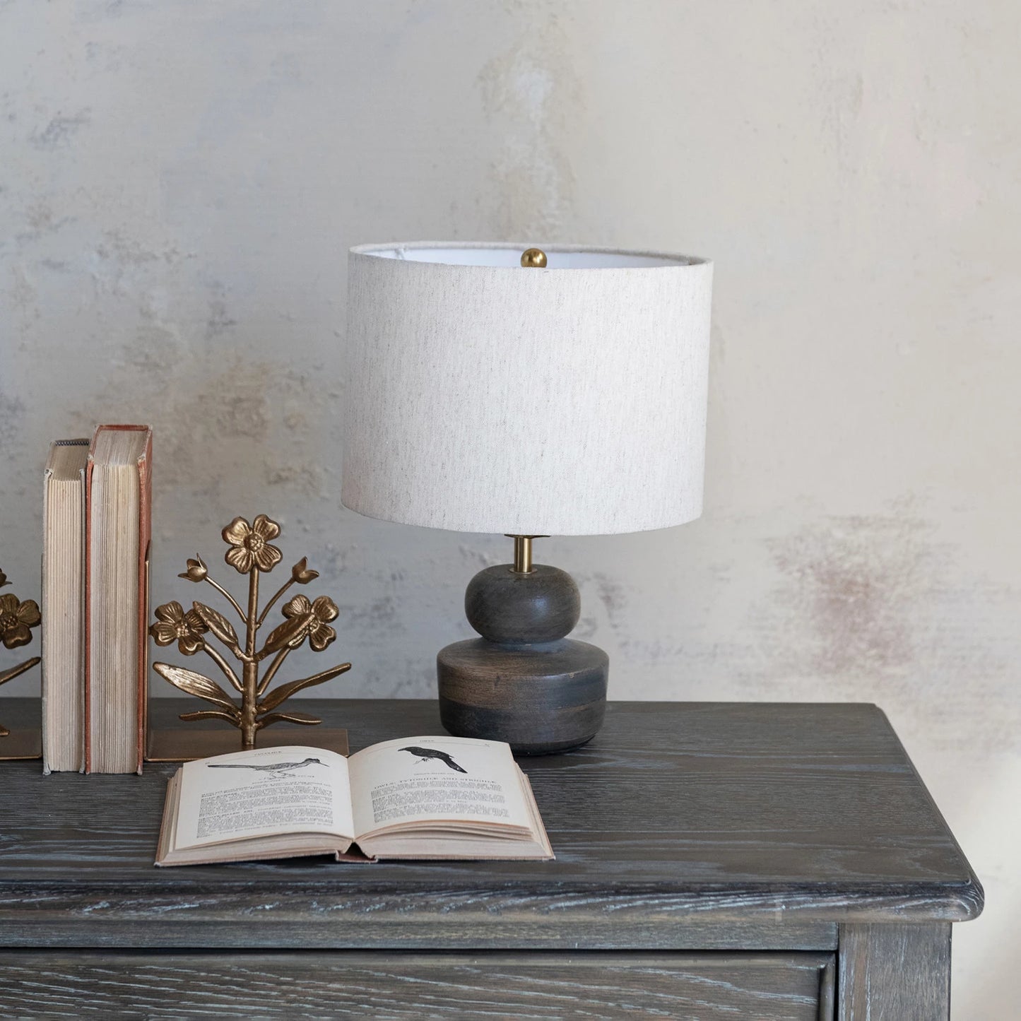 Mango Wood Table Lamp with Cotton Shade, Feathered Farmhouse