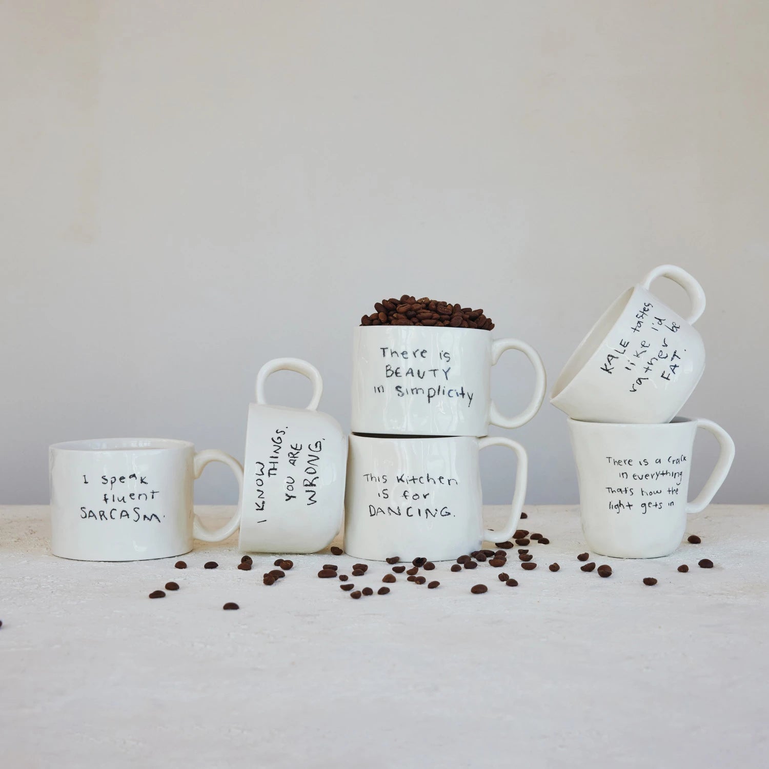 Stoneware Mugs with Sayings, Feathered Farmhouse