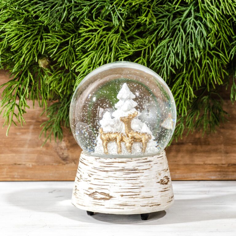 Gold Deer + Tree Musical Snowglobe, Feathered Farmhouse