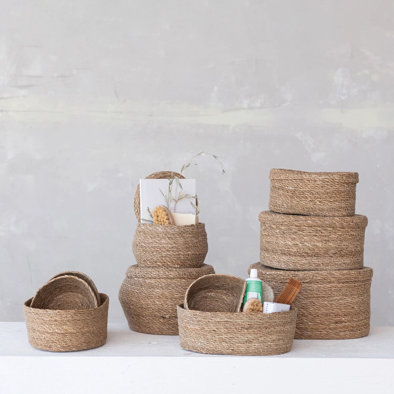 Hand-Woven Seagrass Nesting Baskets, Feathered Farmhouse