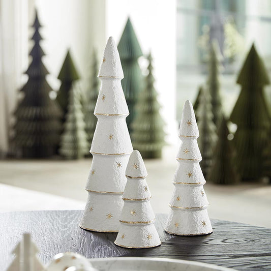 White Gold Star Paper-Mache Trees, Feathered Farmhouse