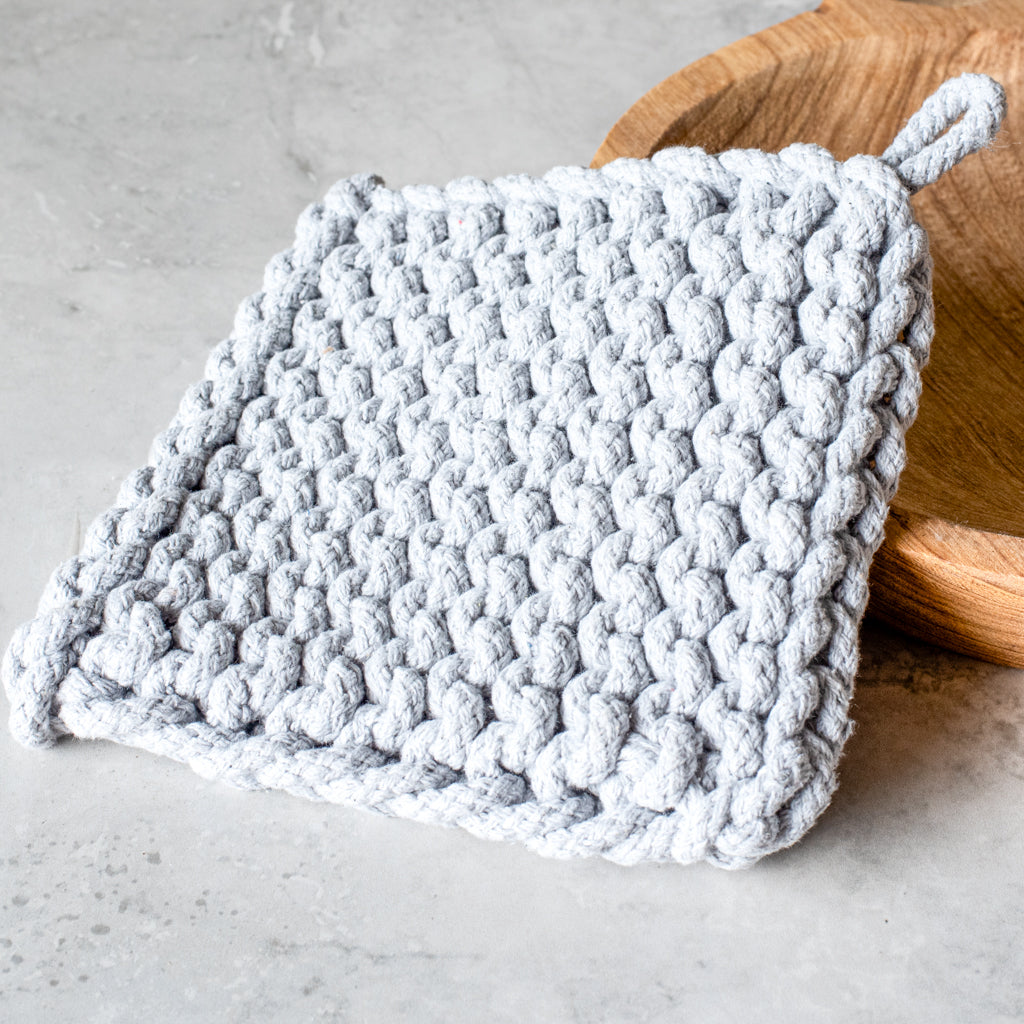 Grey Knit Pot Holder, The Feathered Farmhouse