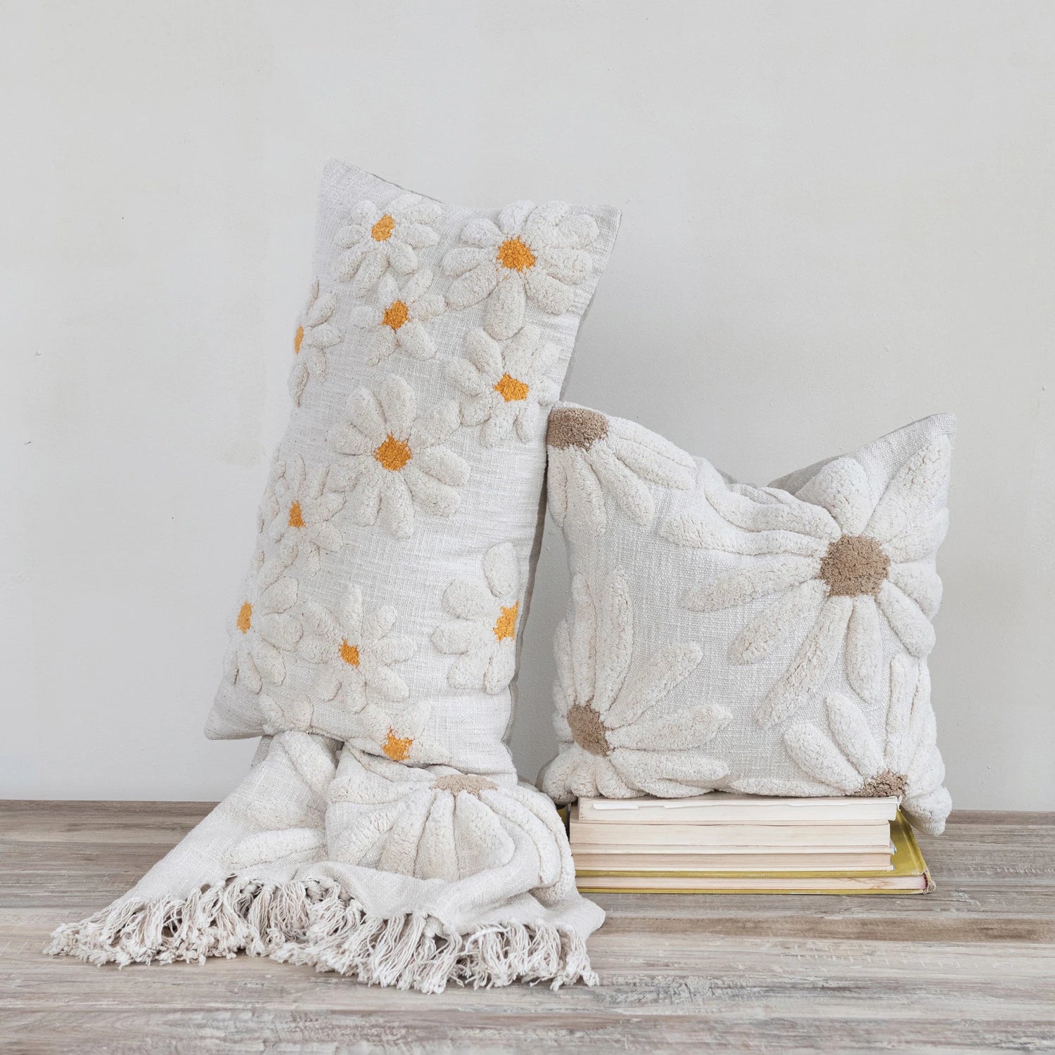 Cotton Slub Lumbar Pillow with Tufted Flowers, Feathered Farmhouse