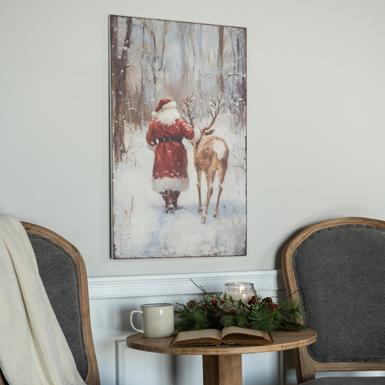 Santa with Deer Print, Feathered Farmhouse