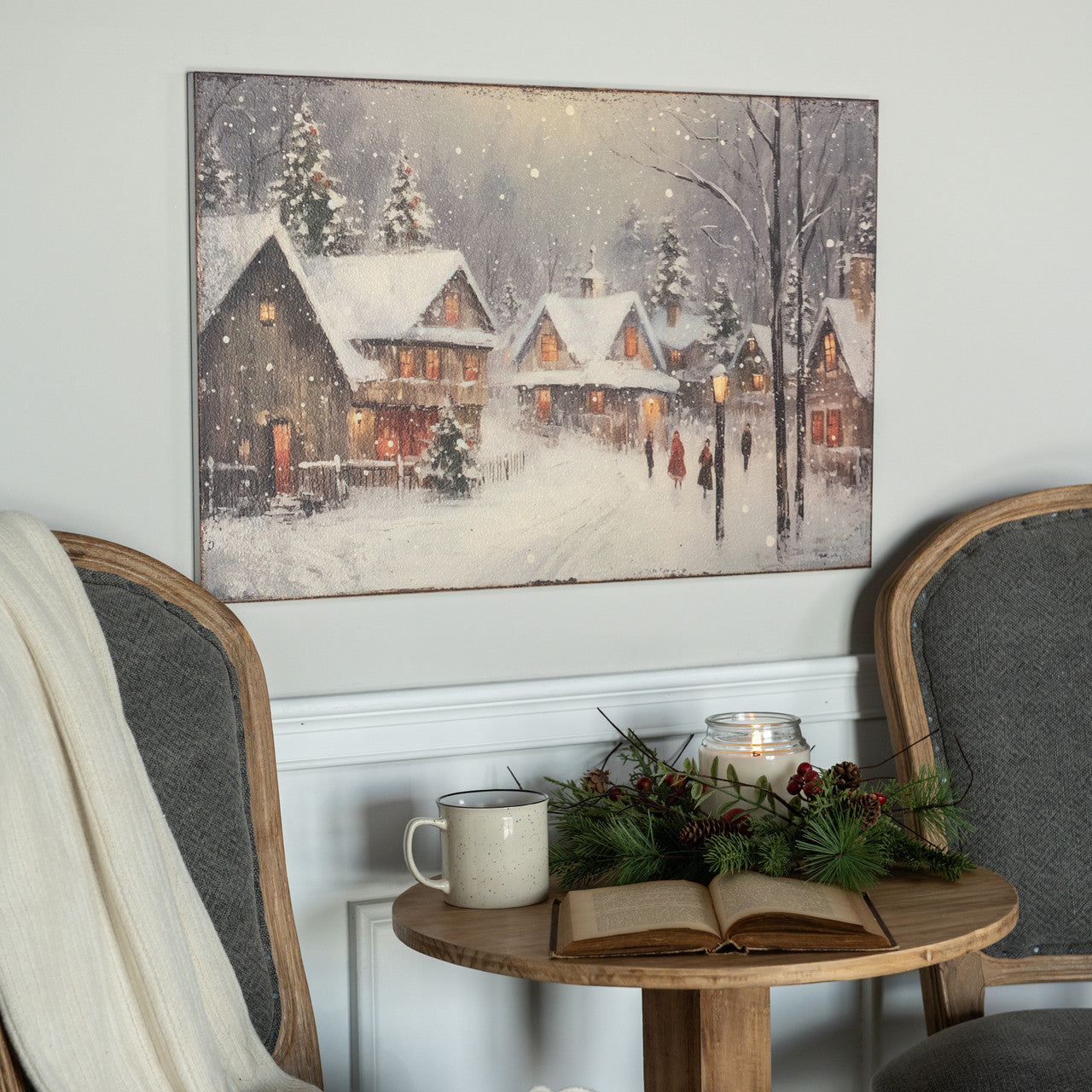 Cozy Christmas Village Print, Feathered Farmhouse