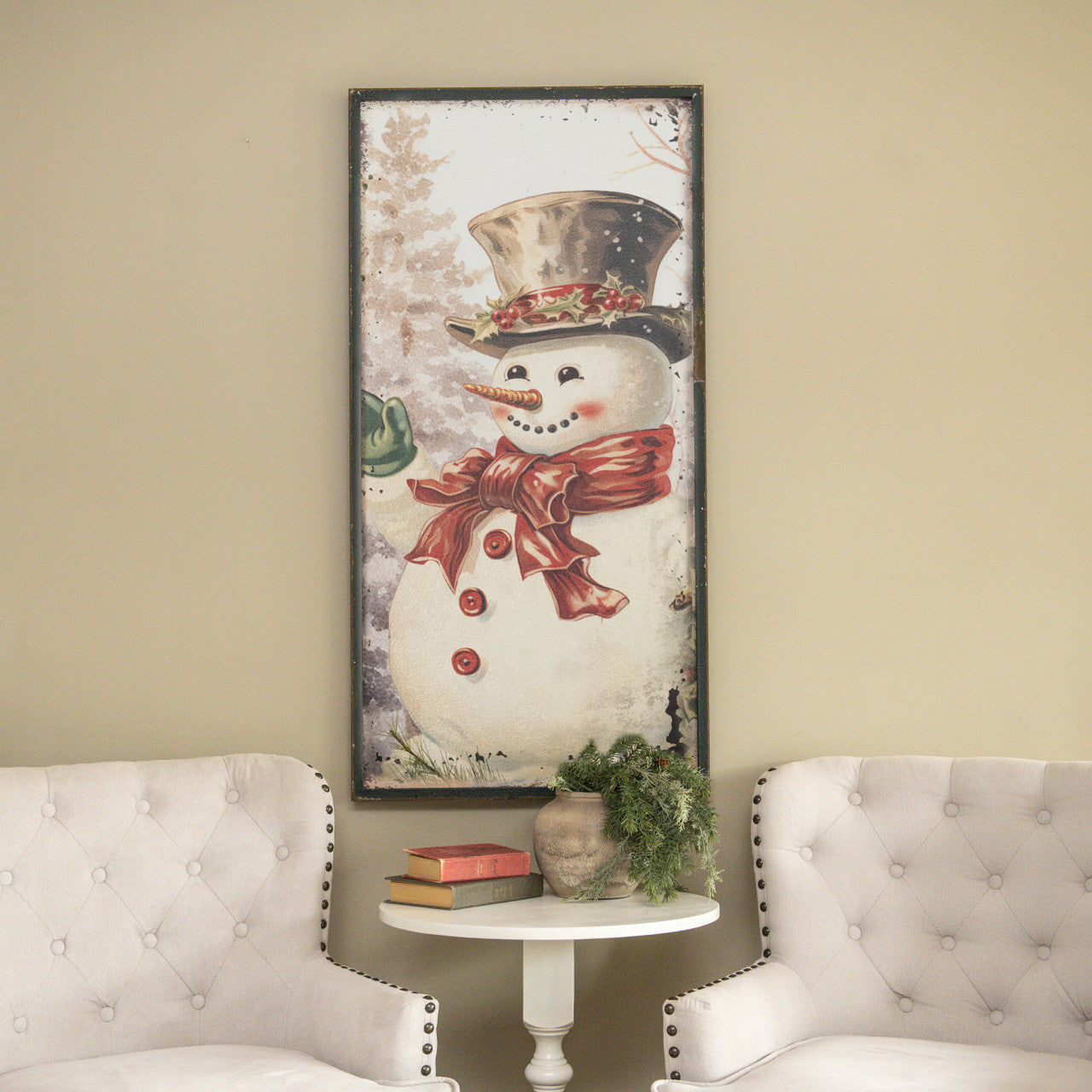 Snowman with Red Bow, Feathered Farmhouse