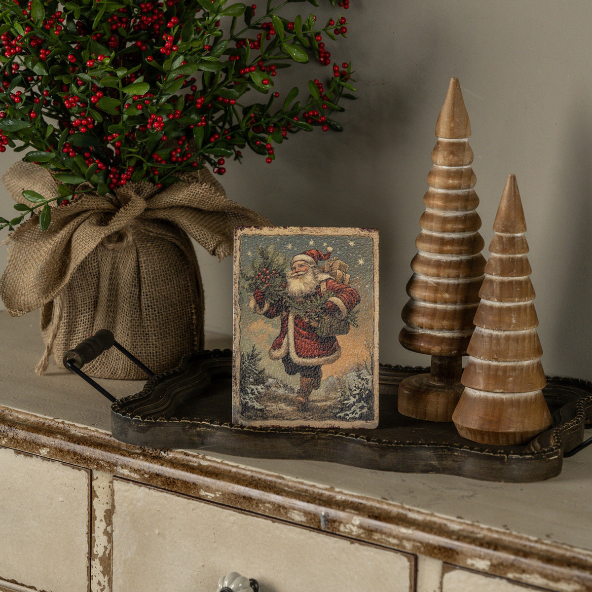 Vintage Santa Tabletop Sign, Feathered Farmhouse