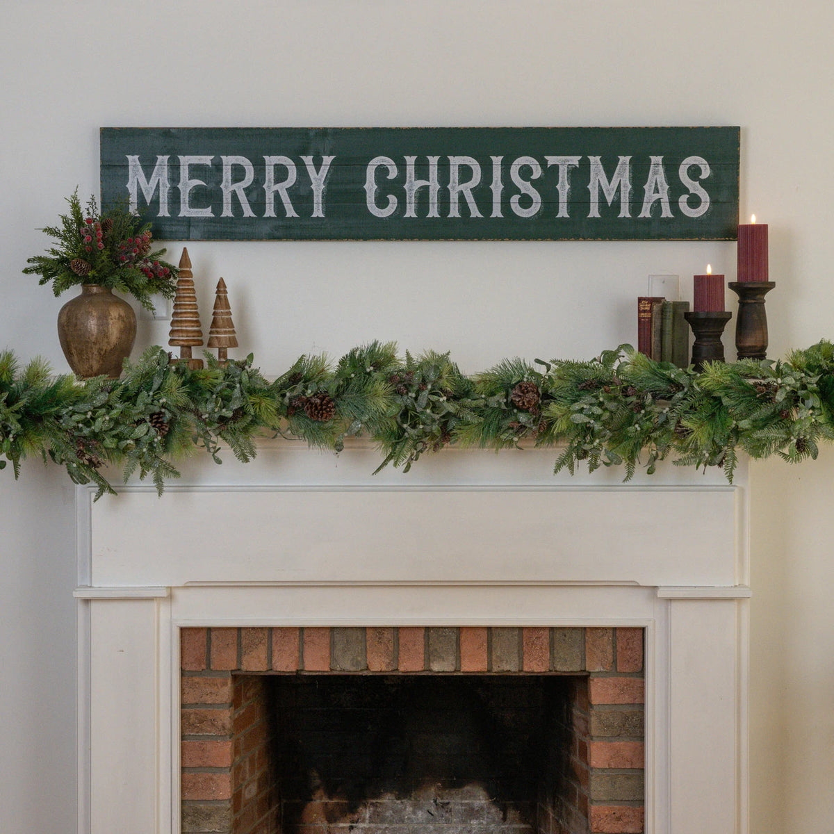 Horizontal Green Merry Christmas Sign, Feathered Farmhouse