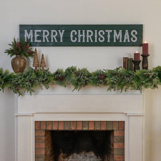 Horizontal Green Merry Christmas Sign, Feathered Farmhouse