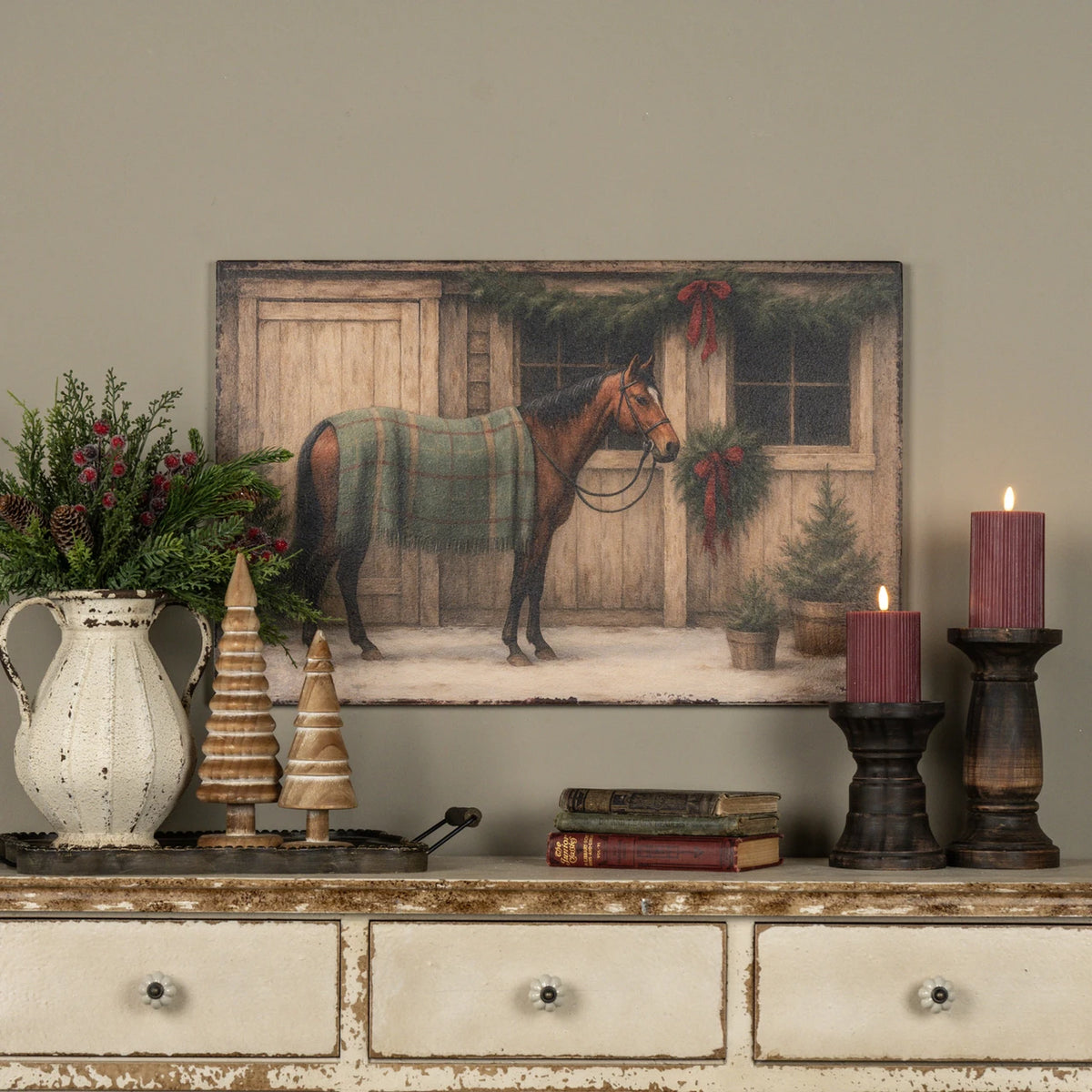 Green Blanket Horse Print, Feathered Farmhouse