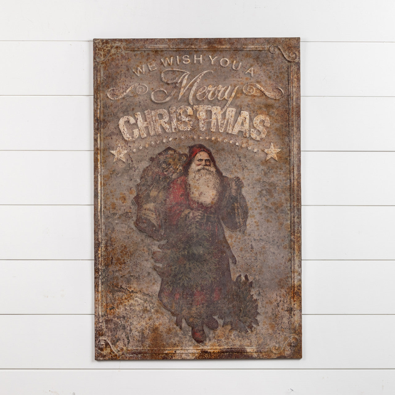 Metal Merry Christmas Santa Plaque, Feathered Farmhouse