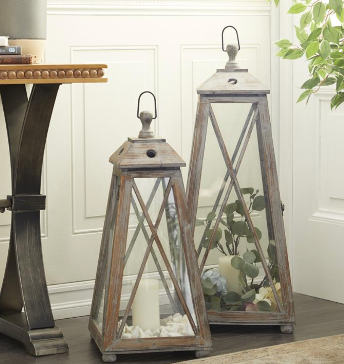 Whitewashed Brown Wood Lanterns, The Feathered Farmhouse