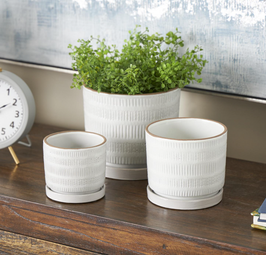 White Polka Dot Planter with Tray, Feathered Farmhouse