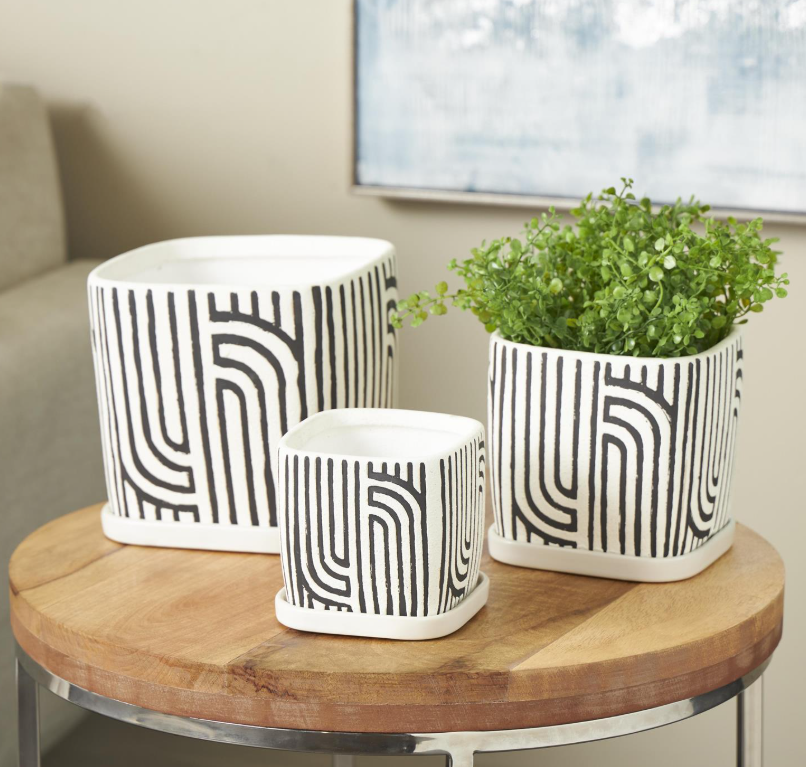 Black Geometric Pattern Planter, Feathered Farmhouse