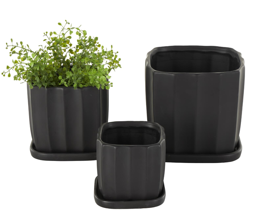 Black Ribbed Planter with Saucer, Feathered Farmhouse