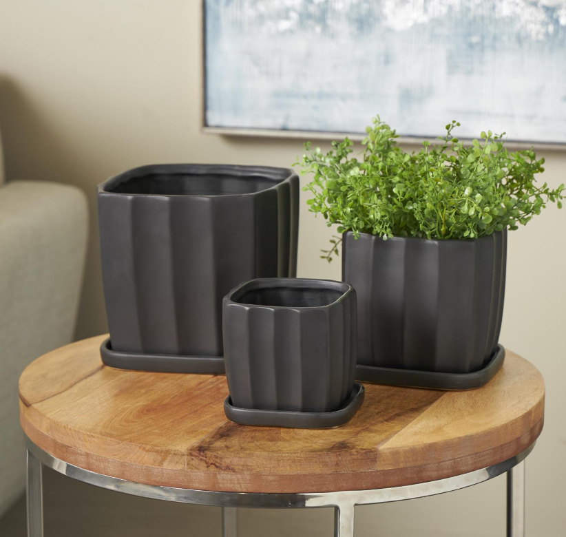 Black Ribbed Planter with Saucer, Feathered Farmhouse