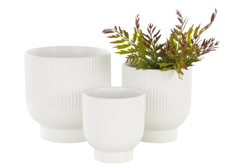 White Planter with Linear Grooves, Feathered Farmhouse