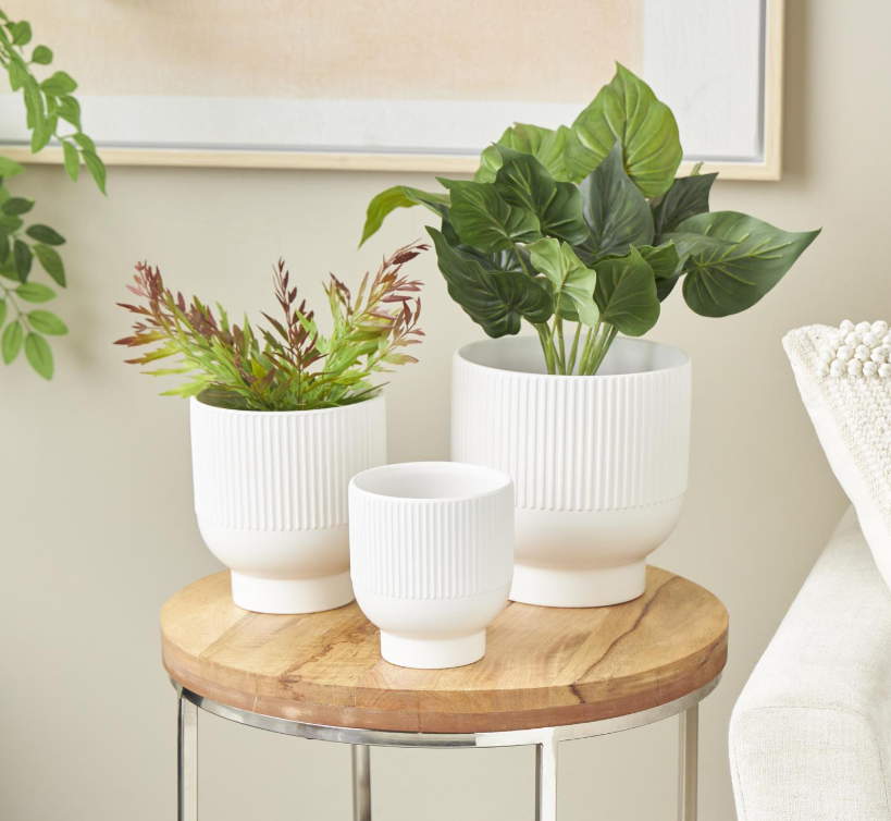 White Planter with Linear Grooves, Feathered Farmhouse