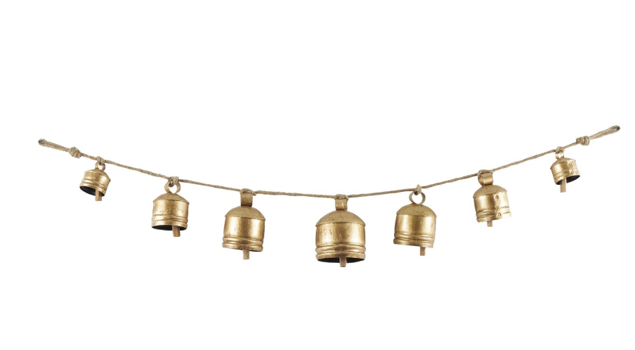Hanging Gold Metal Tibetan Bells, Feathered Farmhouse