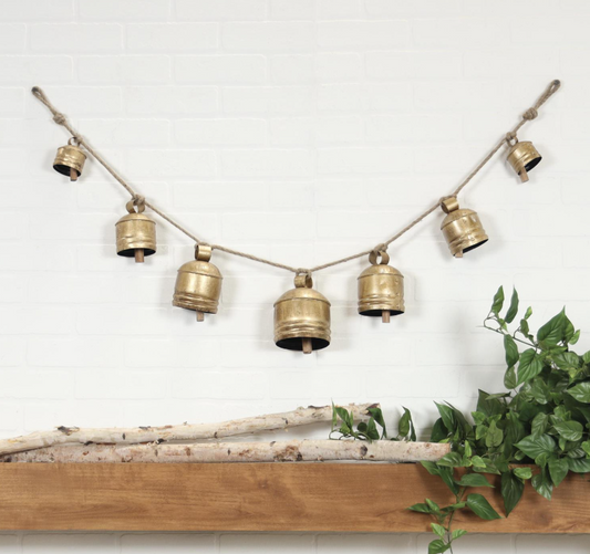 Hanging Gold Metal Tibetan Bells, Feathered Farmhouse