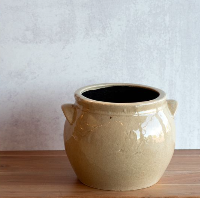 Light Beige Ceramic Crock Planter, Feathered Farmhouse