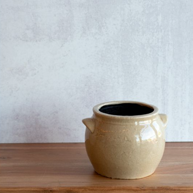 Light Beige Ceramic Crock Planter, Feathered Farmhouse