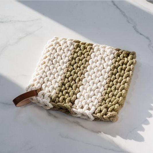 Ivory and Sage Stripe Knit Pot Holder, Feathered Farmhouse