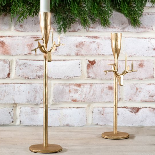 Gold Deer Head Pillar Candle Stand, Feathered Farmhouse